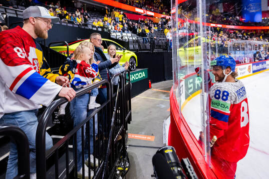 David Pastrnak of Czech Republic gestures to his girlfriend