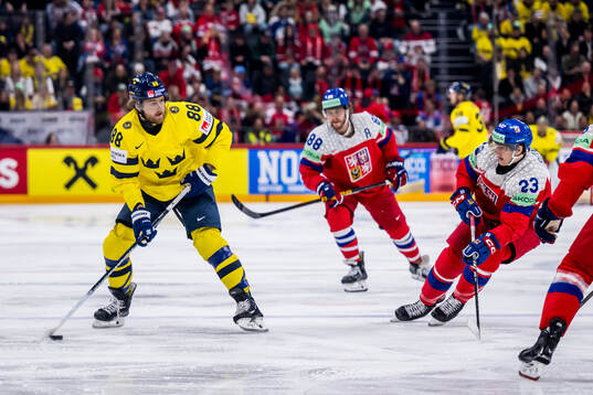 Jonas Brodin and William Nylander of Sweden, David