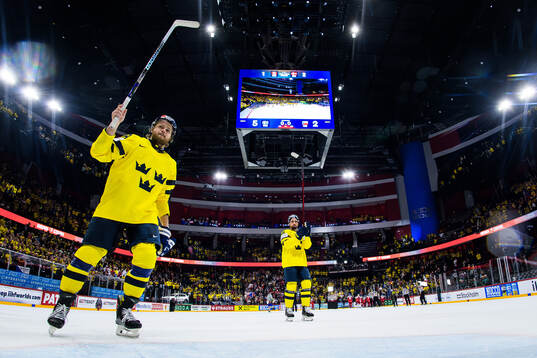 William Nylander and Erik Gustafsson of Sweden celebrate