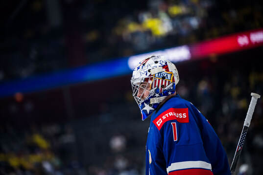 Goaltender Jeremy Swayman of USA