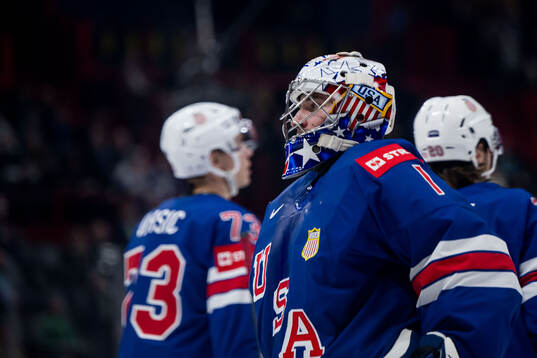 Goaltender Jeremy Swayman of USA