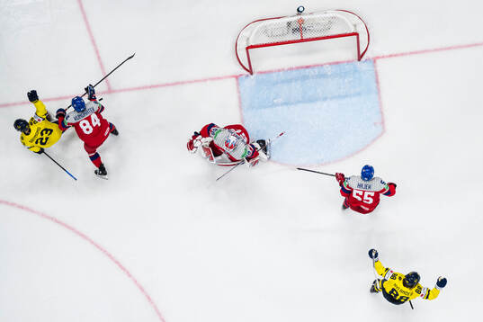 Lucas Raymond and William Nylander of Sweden celebrate the