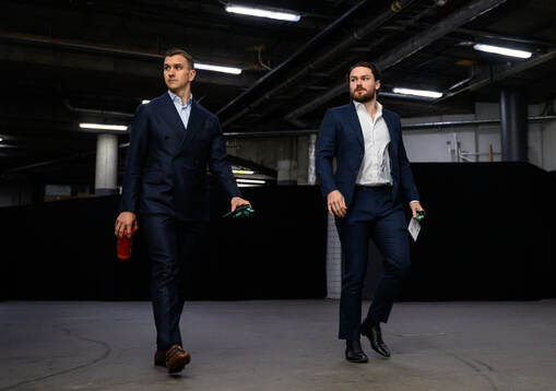 Mikael Backlund and Rasmus Andersson of Sweden arrive to