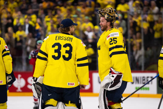 Jacob Markström of Sweden celebrate