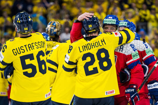 Elias Lindholm of Sweden and David Pastrnak of Czech