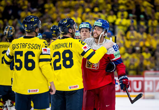 Elias Lindholm of Sweden and David Pastrnak of Czech
