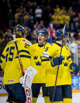 Goaltender Jacob Markström and Leo Carlsson of Sweden
