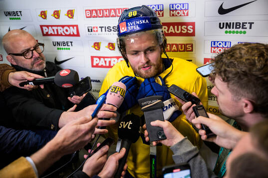 William Nylander of Sweden is being interviewed by media at