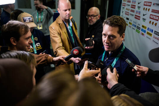 Head coach Sam Hallam of Sweden is being interviewed by