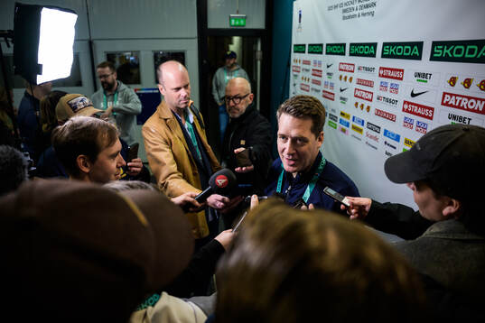 Head coach Sam Hallam of Sweden is being interviewed by