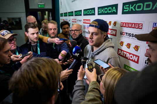 Leo Carlsson of Sweden is being interviewed by media at a