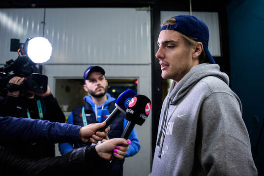 Leo Carlsson of Sweden is being interviewed by media at a