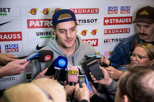 Leo Carlsson of Sweden is being interviewed by media at a
