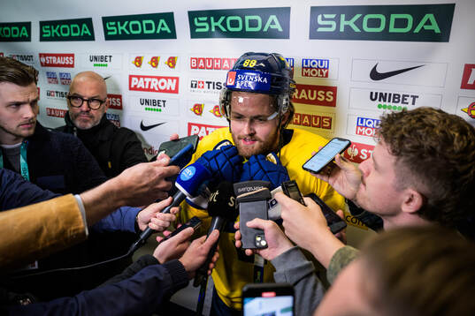William Nylander of Sweden is being interviewed by media at