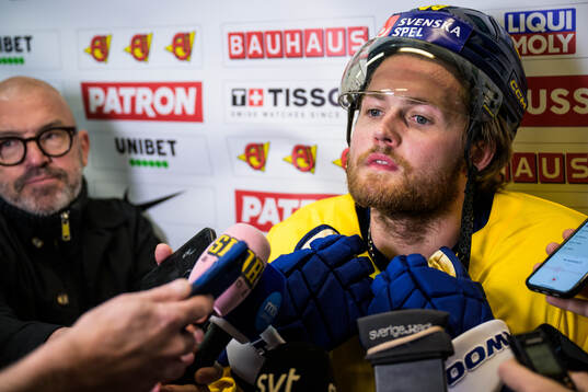William Nylander of Sweden is being interviewed by media at
