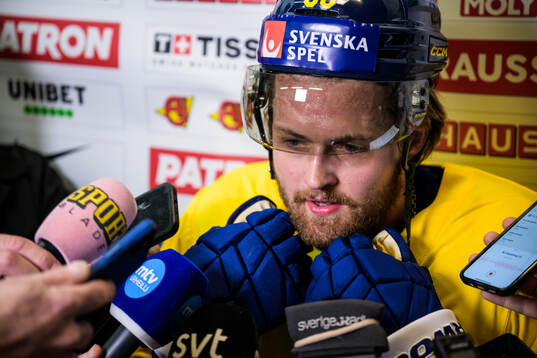 William Nylander of Sweden is being interviewed by media at