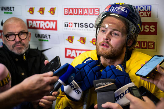 William Nylander of Sweden is being interviewed by media at
