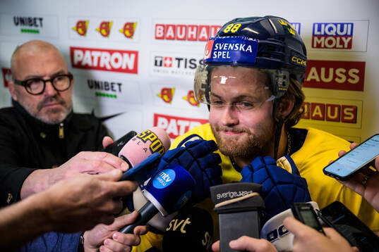 William Nylander of Sweden is being interviewed by media at