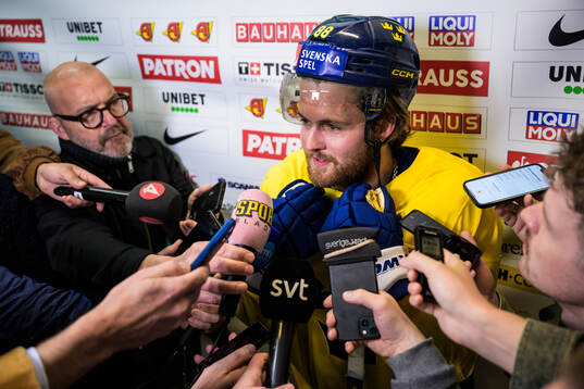 William Nylander of Sweden is being interviewed by media at