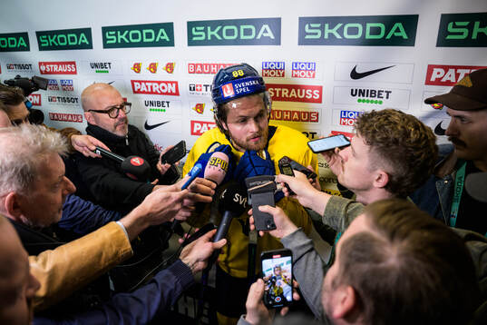 William Nylander of Sweden is being interviewed by media at
