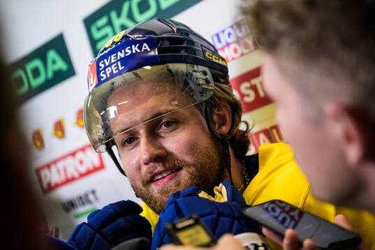 William Nylander of Sweden is being interviewed by media at