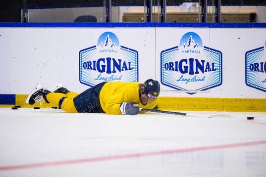 William Nylander of Sweden slips at a practice session