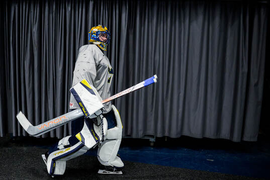 Goaltender Samuel Ersson of Sweden at a practice session