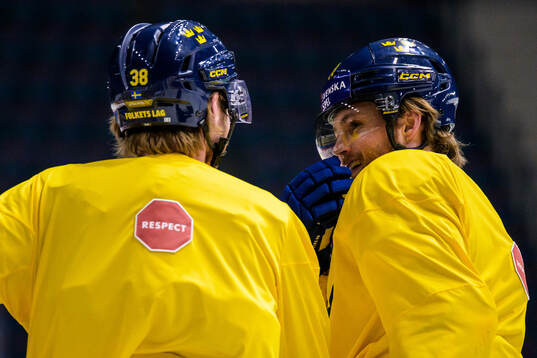 Rasmus Sandin and William Nylander of Sweden at a practice