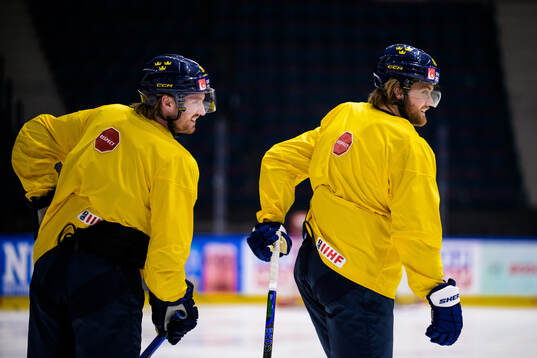 Rasmus Sandin and William Nylander of Sweden at a practice