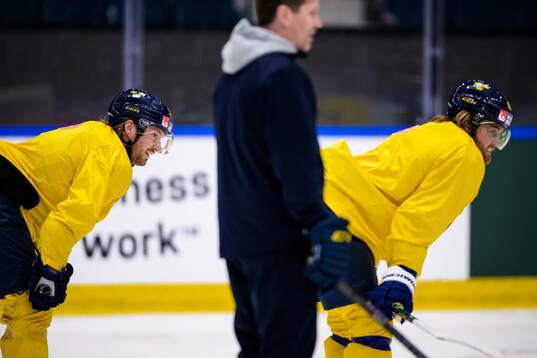 Rasmus Sandin and William Nylander of Sweden at a practice