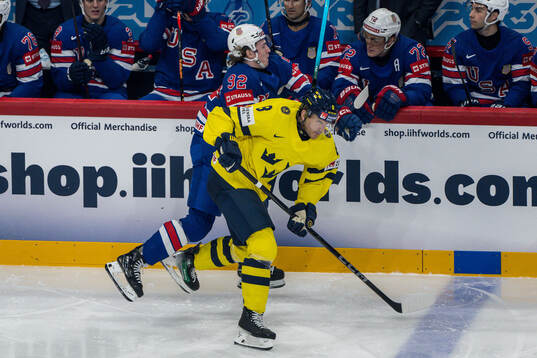 Logan Cooley of USA and Jonas Brodin of Sweden