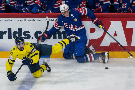 Marcus Johansson of Sweden and Tage Thompson of USA