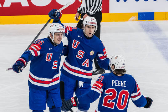 Brady Skjei, Cutter Gauthier, and Andrew Peeke of USA