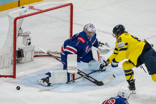 Jeremy Swayman of USA and William Nylander of Sweden