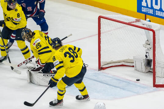 Goaltender Jacob Markström of Sweden concedes 0-2 by