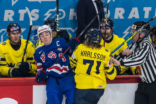 Clayton Keller of USA and William Karlsson of Sweden