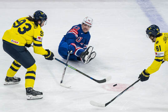Mika Zibanejad and Leo Carlsson of Sweden against Michael