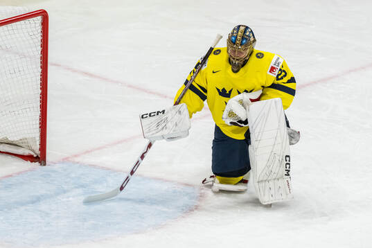 Jacob Markström of Sweden looks dejected