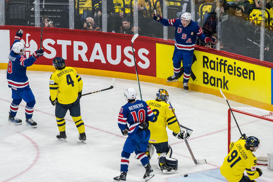 Zach Werenski, Matty Beniers and Jackson LaCombe of USA