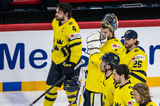 Goaltender Jacob Markström of Sweden looks dejected