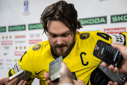 Rasmus Andersson of Sweden looks dejected in mixed zone