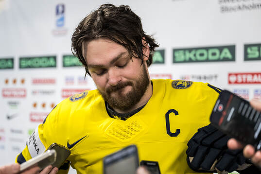 Rasmus Andersson of Sweden looks dejected in mixed zone
