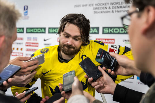 Rasmus Andersson of Sweden looks dejected in mixed zone