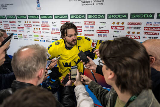 Rasmus Andersson of Sweden in mixed zone