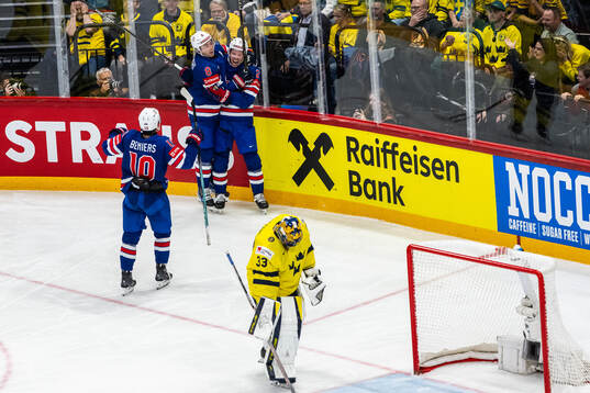 Matty Beniers, Zach Werenski and Jackson LaCombe of USA