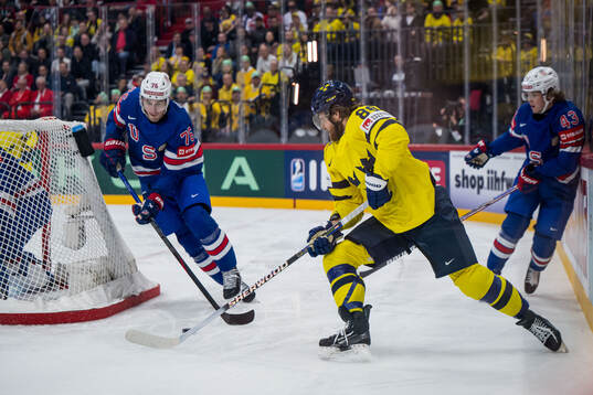 Brady Skjei of USA and William Nylander of Sweden
