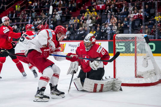 Morten Poulsen of Denmark and goaltender Leonardo Genoni of