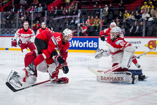 Andres Ambuhl of Switzerland and goaltender Frederik Dichow