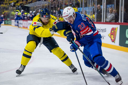 Jonas Brodin of Sweden and Michael Eyssimont of USA