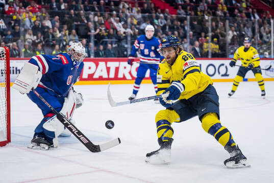 Goaltender Jeremy Swayman of USA and William Nylander of